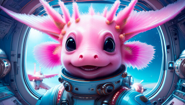 Ajolote rosa astronauta con traje espacial dentro de una nave espacial. Ajolote mexicano