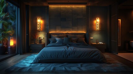 A bedroom with a black bed, nightstands, and a lamp