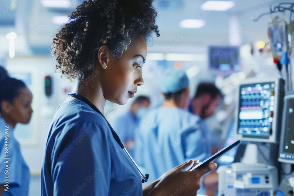 Wall mural A woman in a blue scrubs is looking at a tablet