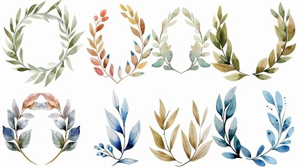 Fototapeta premium Colorful watercolor laurel wreaths isolated on white background