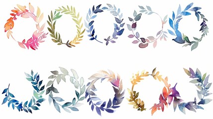 Obraz premium Colorful watercolor laurel wreaths isolated on white background