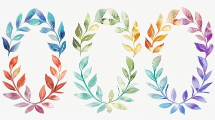 Colorful watercolor laurel wreaths isolated on white background