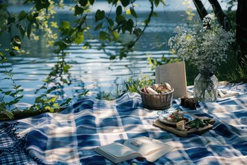 Relaxing Picnic by the Riverside with a Book, Flowers, and Delicious Food on a Sunny Day