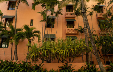 Vintage Morocco Style Building with Tropical Green Foliage.