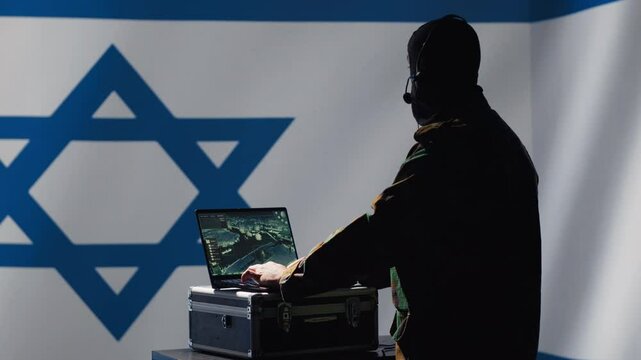 Communication systems operator working for Mossad using radio and satellite equipment, providing combat support. Israeli military dispatcher managing broadcasting networks, Israel flag, camera A