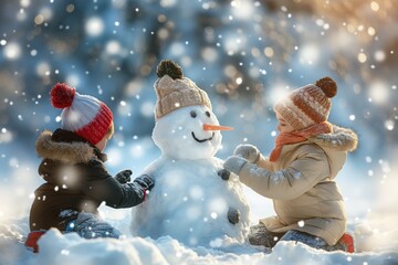 Two children building a snowman in a snowy forest