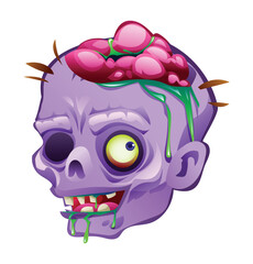 Zombie head with one eye and exposed brain. Vector cartoon illustration