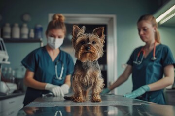 Yorkshire Terrier in a veterinary clinic with a vet and assistant