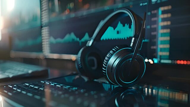 Headphones on Desk with Financial Charts with Ai generated.
