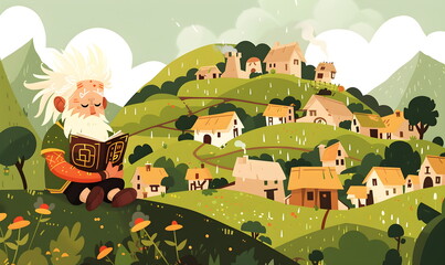 Fototapeta premium Flat vector illustration. Grandfather is reading a book in nature, among the hills and fields, against the backdrop of the village. Cartoon style, minimalism.
