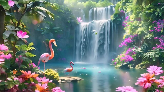 Flamingos by Tropical Waterfall in Lush Paradise with Ai generated.
