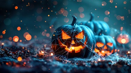 A group of blue pumpkins with orange eyes and a spider web on them