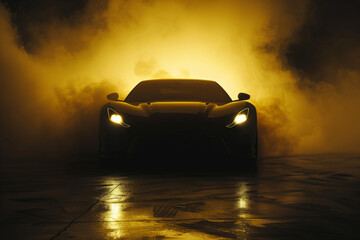 Silhouette front view of a black sports car in a foggy-toned background with glowing yellow lights in low light