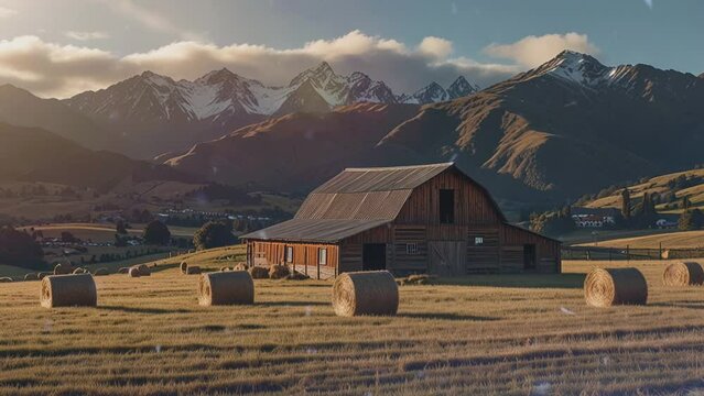 There is a barn in a field of hay bales, with mountains in the distance.