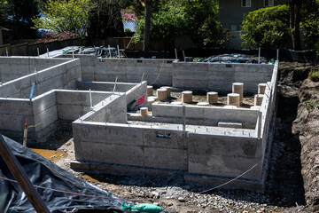 New residential home construction site, freshly poured concrete foundation walls, forms removed, round pylon forms in background
