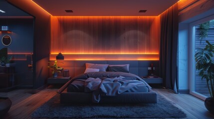 A bedroom with a bed, nightstand, and a potted plant
