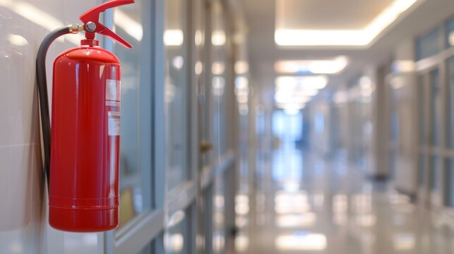 A red fire extinguisher mounted on a wall in a modern office corridor with blurred background.