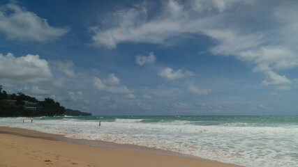 Blue sea white beach turquoise ocean wave coastal in tropical paradise landscape. Beautiful scene seascape marine coastline destinations. Tropical beautiful blue ocean lagoon lake travel summer time.