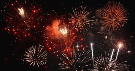 Fototapeta premium Red Firework celebrate anniversary happy new year 2024, 4th of july holiday festival. red firework in night time celebrate national holiday. Countdown to new year 2025 festival party time event
