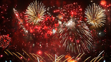 Red Firework celebrate anniversary in night time celebrate national holiday. Happy new year 2024, 4th of july holiday festival. Red firework Countdown to new year 2024 festival party time event