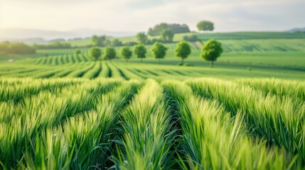 Lush green farm fields with neat rows of crops on a sunny day, with trees and distant hills under a clear sky.