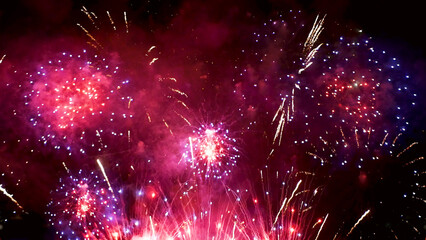 Purple Firework celebrate anniversary happy new year 2024, 4th of july holiday festival. Purple firework in night time celebrate national holiday. Violet firework Countdown to new year 2024 festival