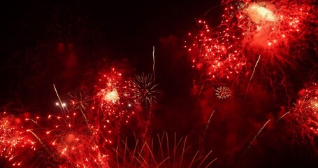 Red Firework celebrate anniversary happy new year 2024, 4th of july holiday festival. red firework in night time celebrate national holiday. Countdown to new year 2024 festival party time event