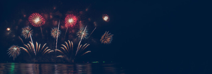 Banner Red Firework celebrate anniversary happy new year 2024 4th of july holiday festival. Banner...