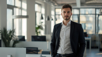 Fototapeta premium A confident young man in business attire stands proudly at the front of an open office space, exuding confidence and success as he does. Daylight coming through large windows in the background.