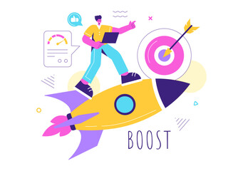 Business Boost Vector Illustration with a Digital Marketing Rocket, Company Career Success in Development and Profit Increase on a Flat Background
