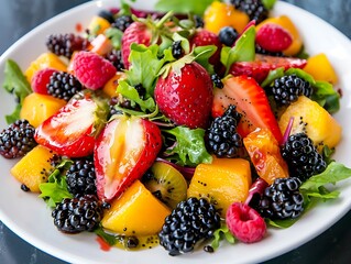 Obraz premium Fruit salad with fresh berries and mint on plate