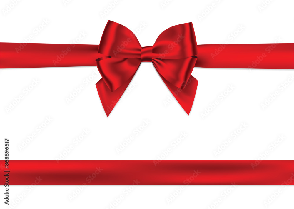 Poster red bow and horizontal ribbon realistic shiny satin with shadow for decorate your greeting card, wed