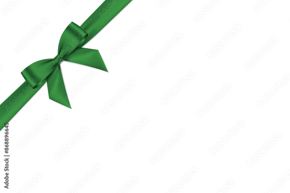 Poster green bow and ribbon realistic shiny satin with shadow place on corner of paper for decorate your ?m