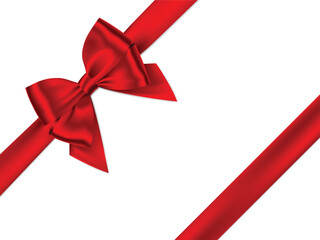 Red Ribbon Bow Realistic shiny satin with shadow ribbon place on corner of paper for decorate your wedding invitation card ,greeting card or gift boxes vector EPS10 isolated on white background.