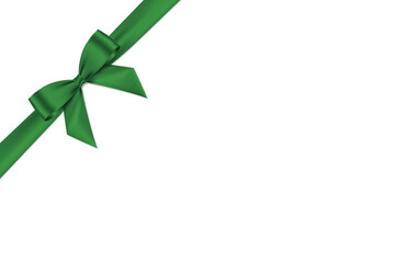 Green bow and ribbon realistic shiny satin with shadow place on corner of paper for decorate your ?Merry christmas card or website vector EPS10 isolated on white background.