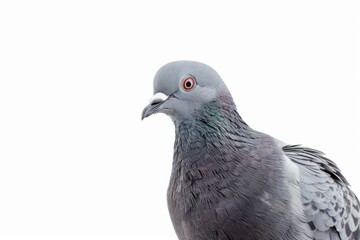 Obraz premium Portrait of a pigeon with grey feathers on a white background, standing in profile.