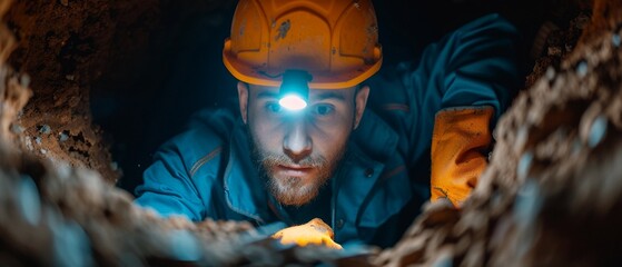 Realistic plumber in a crawl space installing drainage pipes, wearing a headlamp and using a pipe cutter, natural lighting, high detail