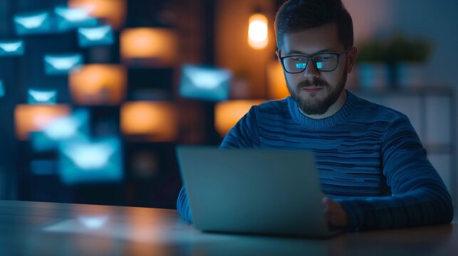 Realistic social worker emailing various agencies from a desk, organizing contacts and case information on a laptop, modern office, clear detail, bright lighting