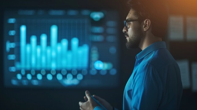 Sales Manager leading a client workshop, explaining product benefits with visual aids, using a projector and charts, modern office, detailed clarity