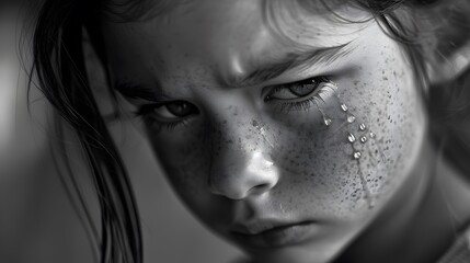 Fototapeta premium Closeup of a young girl with tears rolling down her cheek. 
