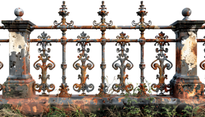 A rusted and weathered iron fence with ornate designs