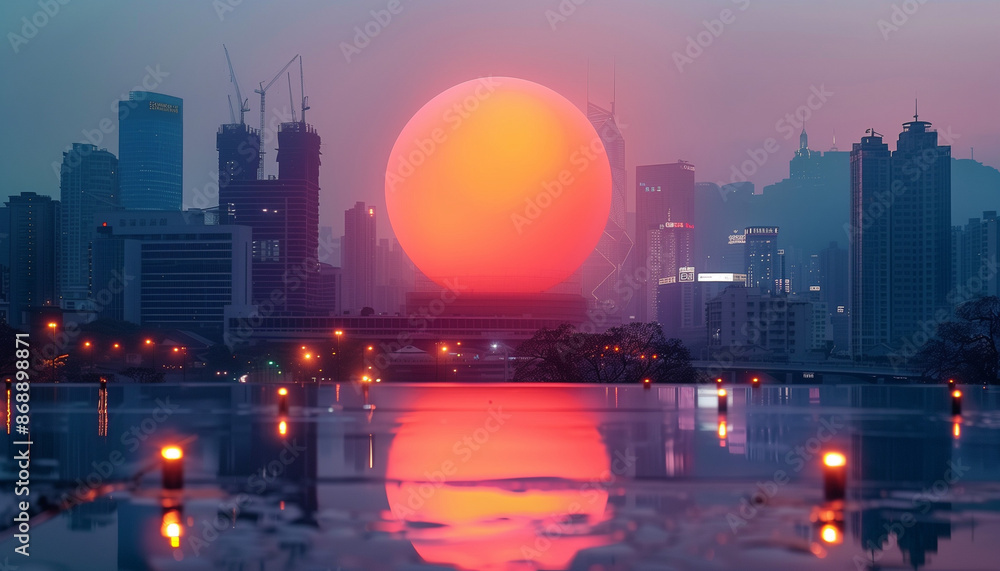 Wall mural country skyline at sunset with big orange light ball