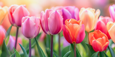 Obraz premium Colorful tulips spring blossoming, bokeh flower background. Generative AI