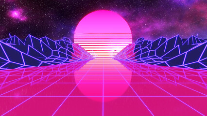 Background with a futuristic 1980s feel and a computerized retro cyber texture. 80s party background, sci-fi summer background, 80s vintage fashion.,3d rendering
