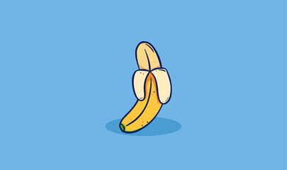 peeled yellow ripe banana fruit hand drawn doodle illustration vector with blue outline cartoon style