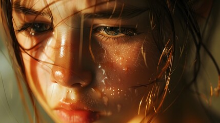 Closeup of a young girl with tears rolling down her cheek. 