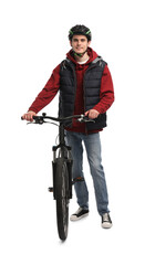 Smiling man in helmet with bicycle isolated on white