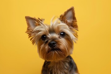 Naklejka premium Portrait of Yorkshire Terrier on yellow background.