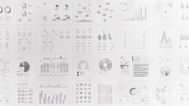 Hand-drawn collection of various data visualization elements. Includes bar graphs, pie charts, line graphs, scatter plots, and other statistical diagrams. 