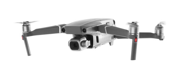 Modern drone with camera isolated on white